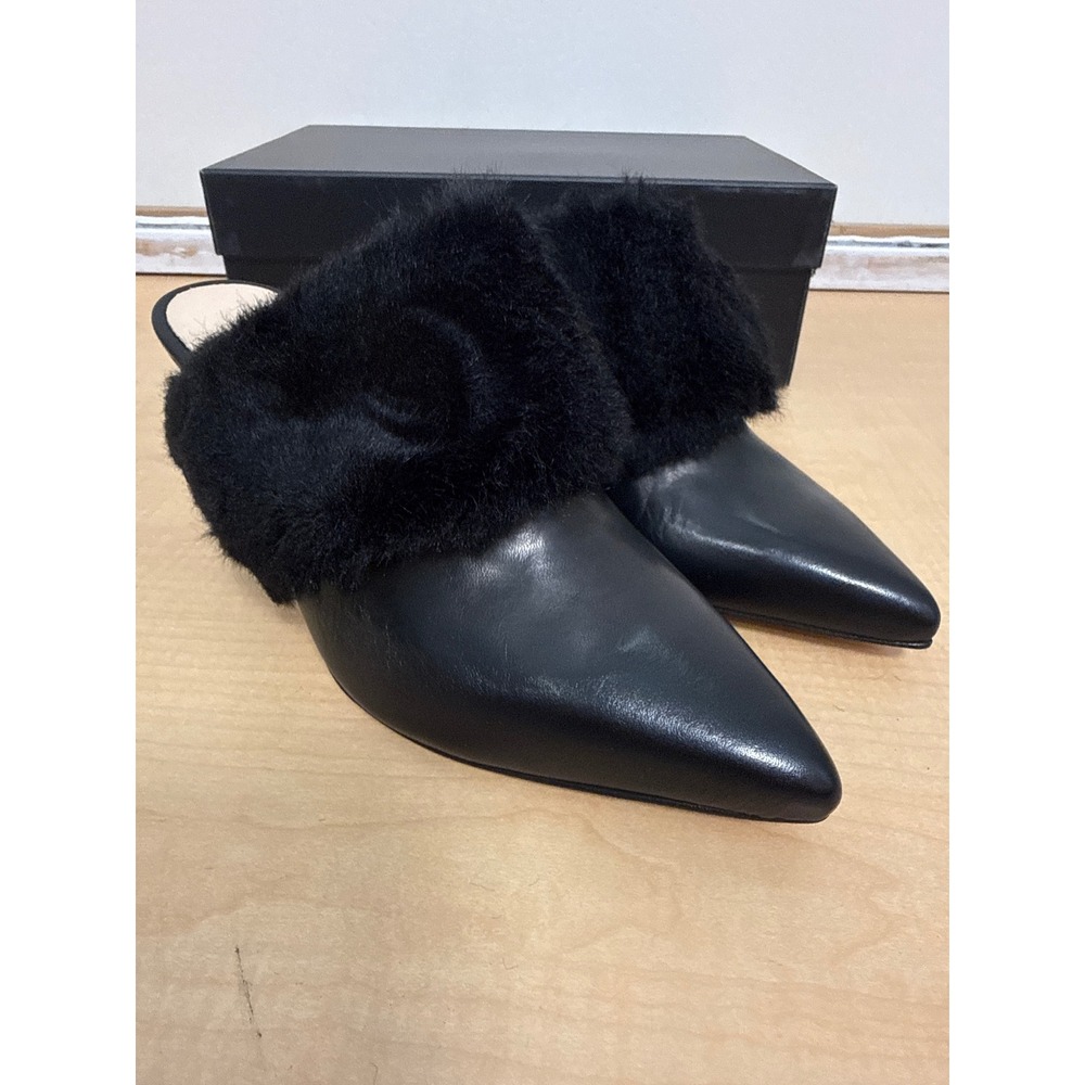 Charly Amar Black Leather Faux Fur Trim Pointed Toe Mules Stiletto Heels Size 8